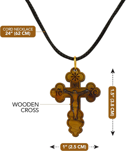 AUTHENTIC Bethlehem Olive Wood Eastern Cross Pendant in Natural Cotton Pouch with Christogram - Cross for Men & Women...