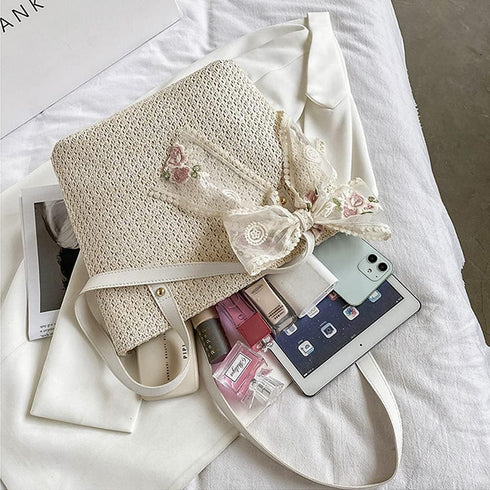 Women Large Straw Beach Tote Bag Summer Hand-woven Bags Shoulder Bag Leather Handle Beach Handbags with Cute Lace Bow Small (White)...