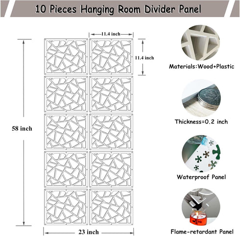 Lchen Hanging Room Divider,10 Pieces Wood-Plastic Hanging Panels 0.2“Thick Screen Panel for Living Room Bedroom Home Decoration(DQ,11.4"X11.4")...