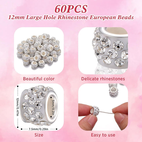 Sasylvia 60 Pieces Hair Beads 12 mm Rhinestone European Large Hole Crystal Charm Beads for Braids for Women for Necklace Earring Bracelet Craft Ma...
