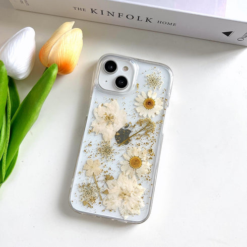 for iPhone 13 / iPhone 14/ iPhone 15 Clear Case with Pressed Real Flowers Design,Glitter Cute White Floral Pattern Soft TPU Protective Women Girl'...