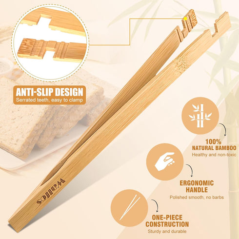 Walfos 2 Pieces Bamboo Toaster Tongs, 8 Inches Long Wood Tongs For Cooking, bamboo tongs with Anti-slip Design, Toast Tongs for Fruits, Bread & Pi...