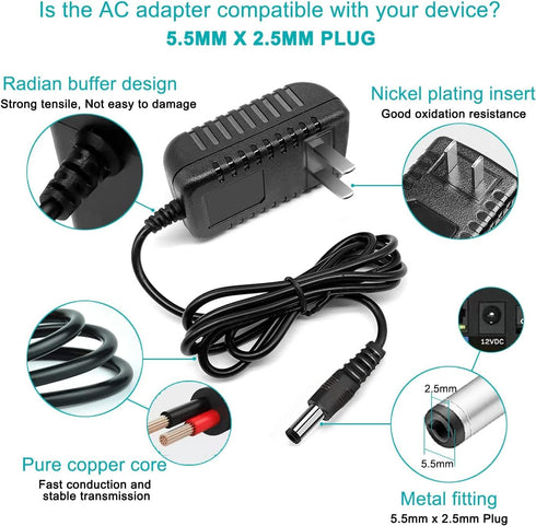 12V DC Adapter Power Cord fit for Theragun Liv, ONN 16” 20" 30" 37" ONN Sound Bar Speaker, ONB18SB001, Onn 22" 100002487 24" ONA18HO015 100002480 ...