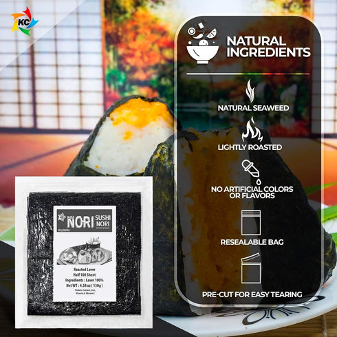 KIMNORI Sushi Nori Seaweed Sheets – 100 Half Cut Size Yaki Roasted Rolls Wraps, Resealable Bag, 100% Natural Laver, Fresh Premium Restaurant Quali...