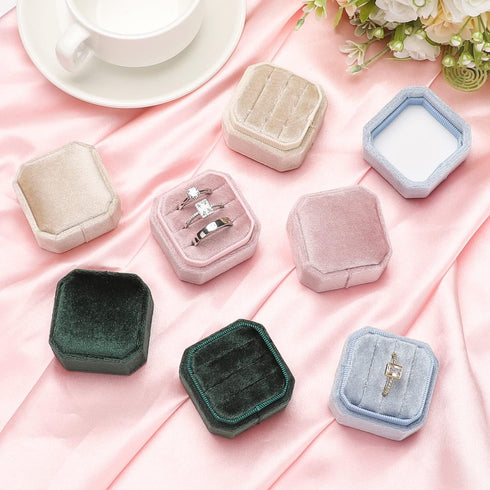 Velvet Ring Box, Octagon Velvet Jewelry Ring Box Storage 3 Slots Ring Holder Box for Proposal, Engagement, Wedding Ceremony (Green)...