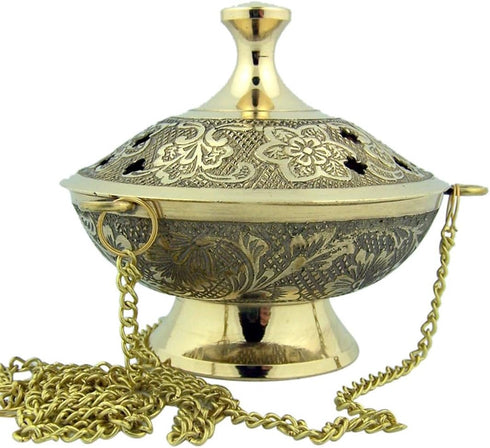 Religious Gifts Gold Plate over Brass Conical Incense Holder, 3 1/2" Dia - 3" H with 9" Chain...