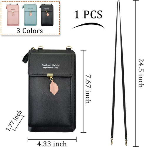 FuninCrea Crossbody Phone Bag, PU Shoulder Bag With Zipper, Mobile Phone Wallet Bags with Three Layers Metal Leaves...