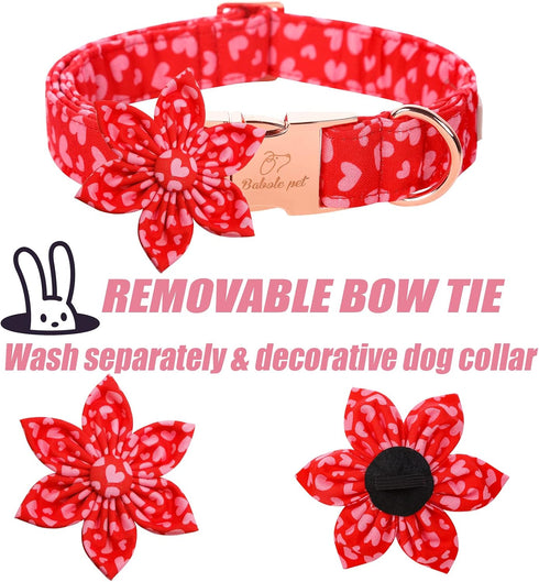 Valentine's Day Dog Collar with Flower Tie, Pink Red love Male Dog Collar with Safety Metal Buckle Adjustable Puppy Collars for Small Medium Large...