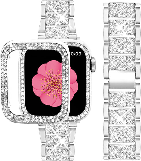 SUPOIX Compatible with Apple Watch Band 41mm + Case, Women Jewelry Bling Diamond Metal Bands & 2 Pack Protective Cover Cases for iWatch Series 9/8...