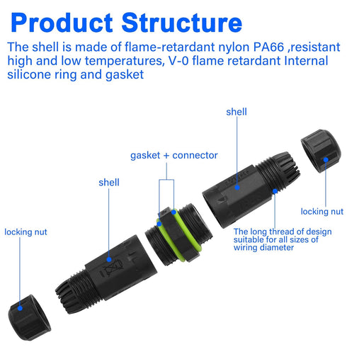 Waterproof Electrical Cable Connector 3 Pin IP68 Outdoor Cable Waterproof Coupler Support to 3.5-10mm Wire Diameter for outdoor billboards, tunnel...