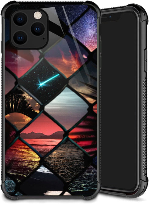Case Compatible with iPhone 12,Pattern Plexiglass 12 Pro Case for Boys Men,Grid Sunset Pattern Shockproof Anti-Scratch Case for iPhone 12/12 Pro 6...