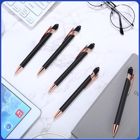 12 Pieces Ballpoint Pen with Stylus Tip, 1.0 mm Black Ink Metal Pen Stylus Pen for Touch Screens, 2 in 1 Stylus Ballpoint Pen (Black and Rose Gold...