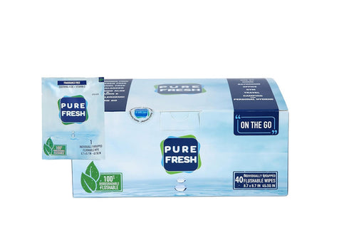 Wipes: Flushable, individually wrapped wipes for travel. 40 on-the-go singles...