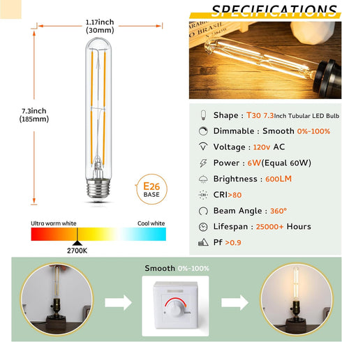 Tubular Light Bulb 7.3 Inch Dimmable T10 LED Bulb E26 6W 60 Watts Edison Bulbs 2700K Solf White,185mm Long for Wall Sconces, Pendant, Livingroom, ...