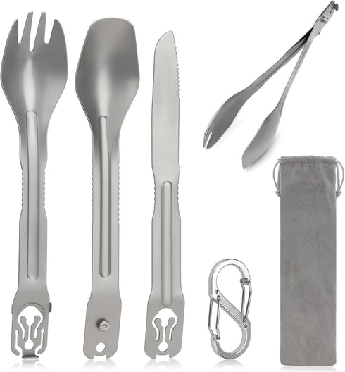 5-in-1 Camping Utensils Detachable Cutlery Portable Silverware Stainless Steel Flatware Multitool Set Tongs Spork Spoon Knife for Backpacking Hiki...