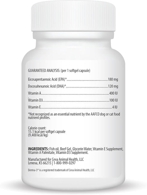 Ceva Derma-3 Softgels, Omega-3 Fatty Acid & Vitamin Supplement for Medium Dogs (60 Count)...