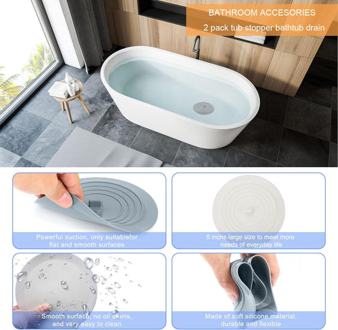 Bathtub Drain Stopper 3 Pack, V-TOP 5inch Tub Stopper Bathtub Drain Cover, Silicone Bath Tub Plug Essentials Flat Suction for Kitchen Bathroom Lau...