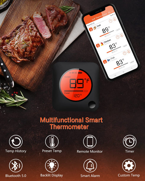 BFOUR Meat Thermometer Wireless Bluetooth, LCD Digital Meat Thermometer with Dual Probe, Wireless Remote BBQ Thermometer for Smoker Kitchen Cookin...