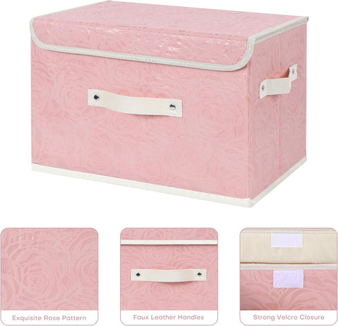 ANMINY Fabric Storage Bin with Lid Rose Print Storage Box Basket with PU Leather Handles Washable PP Plastic Board Decorative Foldable Lidded Shel...