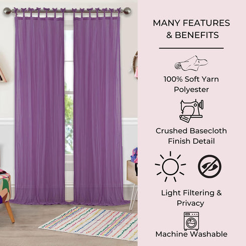 Elrene Home Fashions Greta Crushed Sheer Tie Tab Top Teen Kids Single Window Panel Curtain Drape, Purple, 50" x 95"...