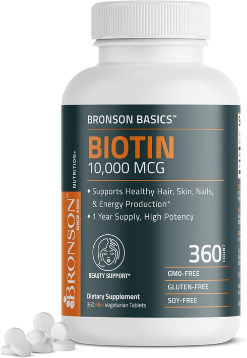 Bronson Biotin 10,000 MCG Supports Healthy Hair, Skin & Nails & Energy Production - High Potency Beauty Support - Non-GMO, 360 Vegetarian Tablets...