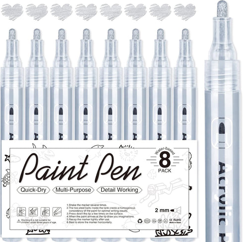 AKARUED Silver Acrylic Paint Markers, 8 Pack Acrylic Silver Paint Pen Sets for Rock Painting, Wood, Stone, Glass, Ceramic, Paper, Drawing, Art Pro...