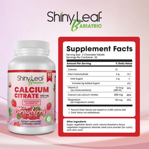 Shiny Leaf Bariatric Calcium Citrate 600 mg Supplement for Bariatric Surgery Patients, 60 Ct Chewable Tablets with Magnesium, Vitamin D3, Natural ...