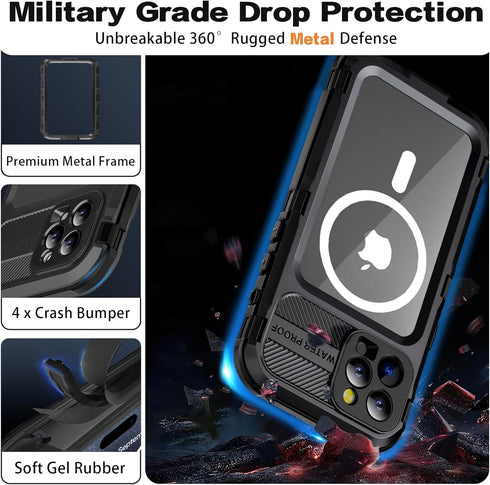 iPhone 15 Pro Max Waterproof Case Compatible with MagSafe, Metal Heavy Duty IP68 Underwater Built-in Screen Protector, Military Grade Shockproof R...