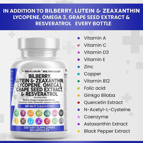 Eye Health Vitamins with Bilberry 6000mg Lutein & Zeaxanthin 40mg Lycopene 40mg Resveratrol 3000mg Grape Seed Extract 6000mg Omega 3 4000mg Astaxa...