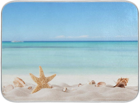 Summer Starfish Dish Drying Mats Seashells Beach Theme for Kitchen Counter Sink 16x18 in, Coastal Dish Draining Mat Baby Bottle Rack Drainer Mat D...