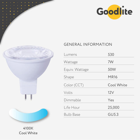 Goodlite G-19896 MR16 LED 7 Watt (50-Watt Replacement), 40° Flood, CRI90+, 550 Lumen, Spot Light Bulb, Dimmable, UL-Listed, Cool White 4100K...