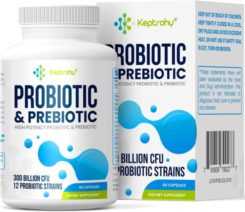 Probiotics for Women and Men, 300 Billion CFU Probiotics from 12 Strains Probiotic, Organic Prebiotics Blend, Shelf Stable Probiotic Supplement fo...