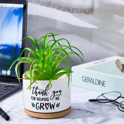 Teachers Appreciation Gift Thank You for Helping Me Grow Gifts Succulent Pots Ceramic Flower Planter Pot with Bamboo Tray White Teacher Plant Pots...