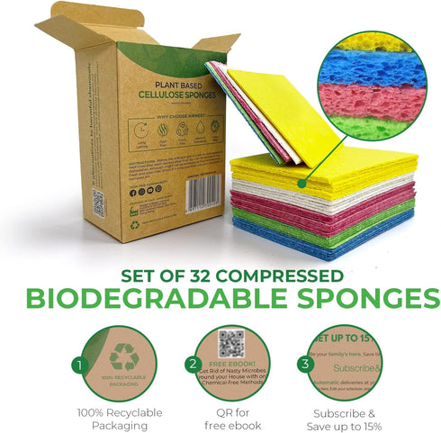 Biodegradable Cellulose Compressed Sponges - Pack of 32 Kitchen Sponges for Cleaning - Heavy Duty and Natural Multipurpose Household Cleaning Spon...