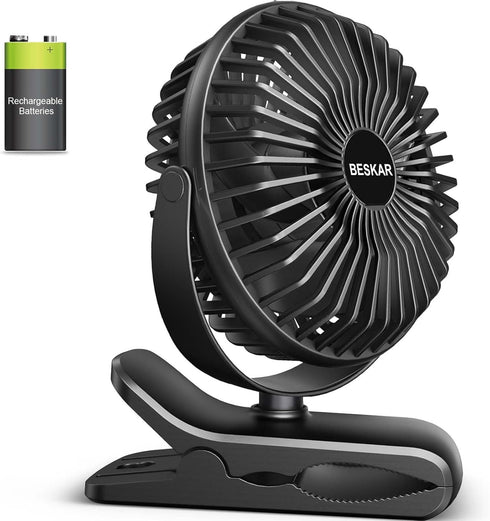 BESKAR Portable Clip on Fan Rechargeable, 4 Speeds Small Battery Operated Fan, USB Desk Fan with Strong Airflow, Sturdy Clamp for Golf Cart Office...