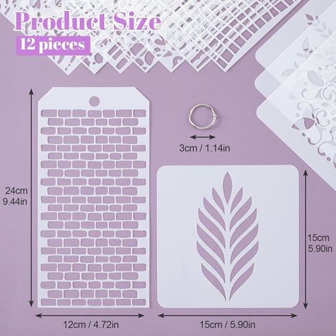 12pcs Texture Stencils for Crafts Reusable Animal Leopard Brick Dot Layering Print Stencils for Painting on Card Canvas Furniture Paper Scrapbooki...