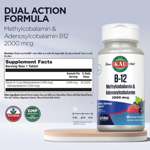 KAL Vitamin B12 Methylcobalamin and Adenosylcobalamin 2000 mcg ActivMelt, B12 Energy Supplements, Metabolism, Nerve, Red Blood Cell Support, High ...