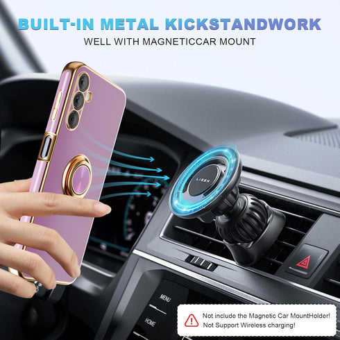 ?for Galaxy A14 5G Phone Case,+Screen Protector,with Magnetic Kickstand,Built-in 360° Rotation Ring Holder,Plating Gold Edge Slim Soft TPU Shockpr...