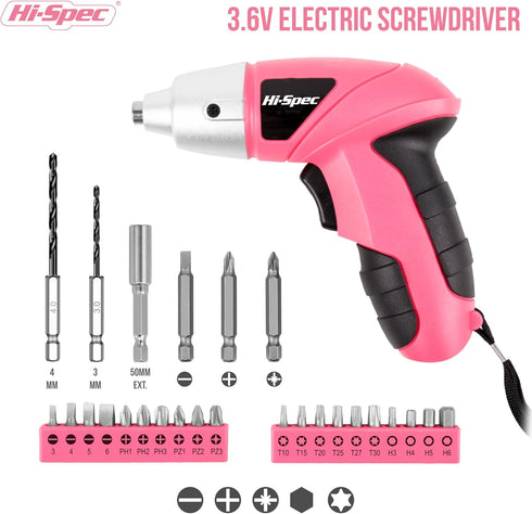 Hi-Spec Electric Screwdriver 27pc 3.6V Pink USB Small Power Screwdriver Set. Cordless Screwdriver & Rechargeable Screwdriver with Driver Bit Set...
