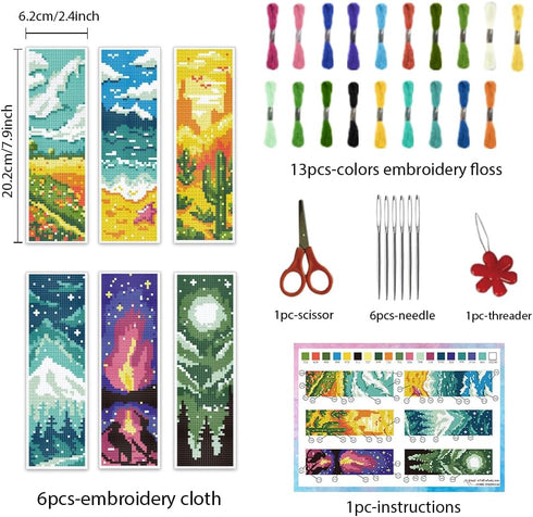 6pcs Scenery Cross Stitch Bookmark Kit DIY Beach Stamped Embroidery Bookmark Kits 8x2.4" Mountain Needlepoint Bookmark Kit with Instruction Aurora...