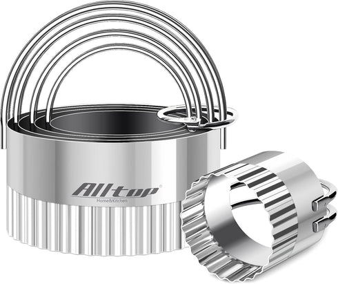 ALLTOP 5 Piece Round Biscuit Cutters with Handle, Stainless Steel Circle Cookie Cutter with Fluted Edge, Professional Baking Essential Tool for Pa...