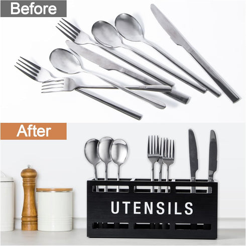 Wooden Cutlery Caddy, Black Utensil Holder Silverware Holder for Countertop Spoon and Fork, Flatware Organizer Storage Containers, Cooking Utensil...