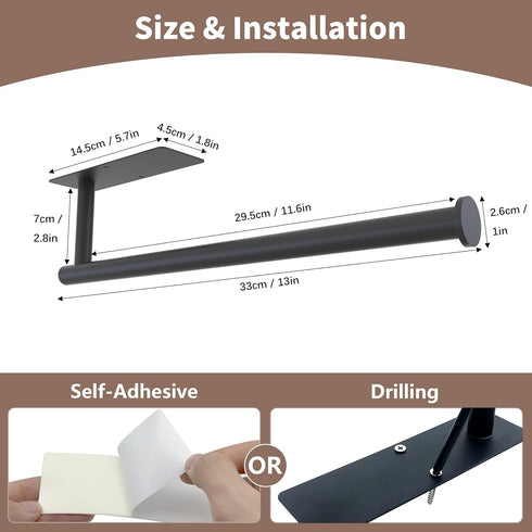 Paper Towel Holder Under Cabinet - Black Wall Mount Paper Towel Hanger, Stainless Steel, Self-Adhesive or Drilling, for Kitchen, Bathroom, RV...