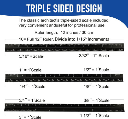 Architectural Scale Ruler for Blueprint, 12'' Metric Metal Engineers Triangle Drafting Ruler with Imperial Measurements for Architects Engineering...