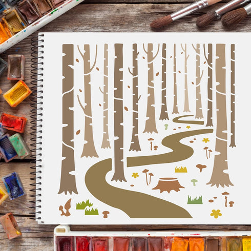 FINGERINSPIRE Woodland Forest Stencils 11.8x11.8 inch Forest Tree Painting Stencil Forest Path Stencil Plant Drawing Stencil Into The Woods Stenci...
