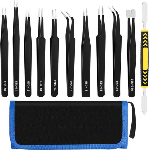 11 PCS Precision Tweezers Set, ESD Tweezers Set, Premium Craft Tweezers Kit, Anti-Static Stainless Steel Tweezers with Tweezer Storage Bag for Lab...