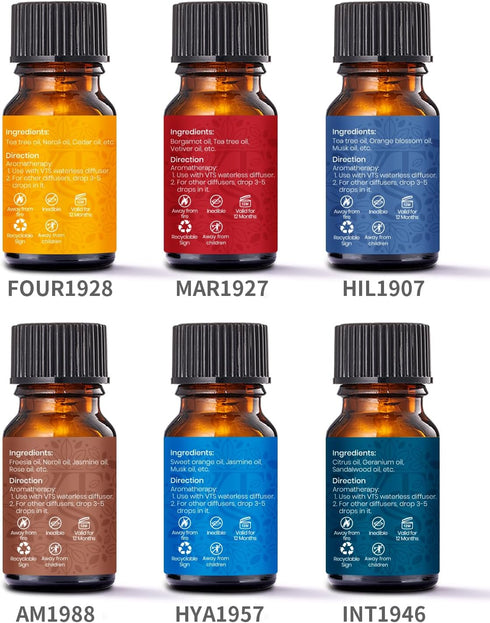 VTS Waterless Diffuser with Hotel Scent Essential Oils Set, Top 6 Aromatherapy Oil Blends for Diffusers, Essential Oil Diffuser Gift Set, Home Fra...