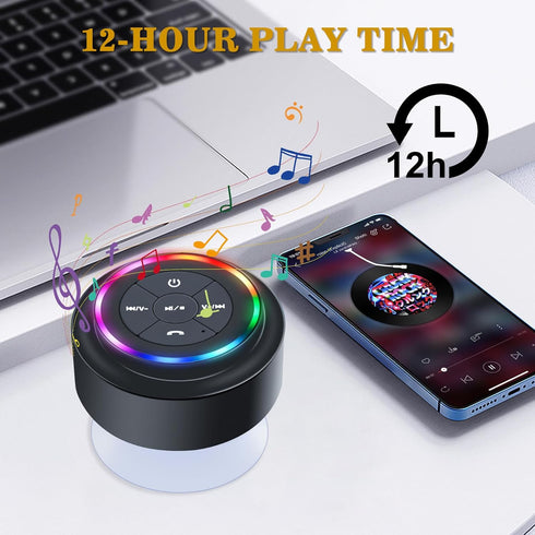 Bluetooth Waterproof Shower Speaker, Portable Wireless Speaker with Suction Cup Small Speaker with Colorful Lights, Teen Gift Ideas, for Shower, B...