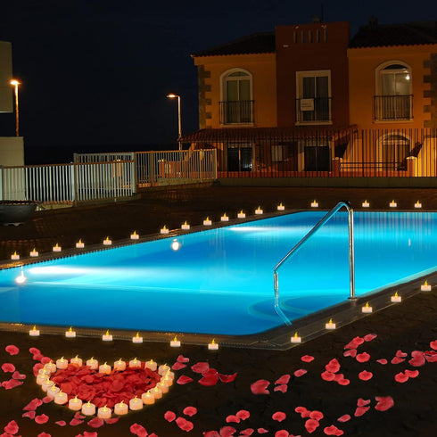 LANKER 500 PCS Red Artificial Rose Petals with 24 PCS Flickering Amber Yellow Flameless Tea Lights Candles for Valentine's Day and Romantic Occasi...