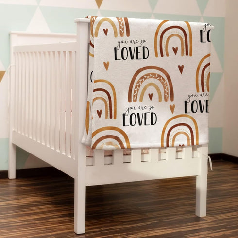 Boho Rainbow You are So Loved Baby Blanket Girl Boy Gift, Inspirational Brown Flannel Fleece Nursery Bed Receiving Blankets, Soft Lightweight Newb...